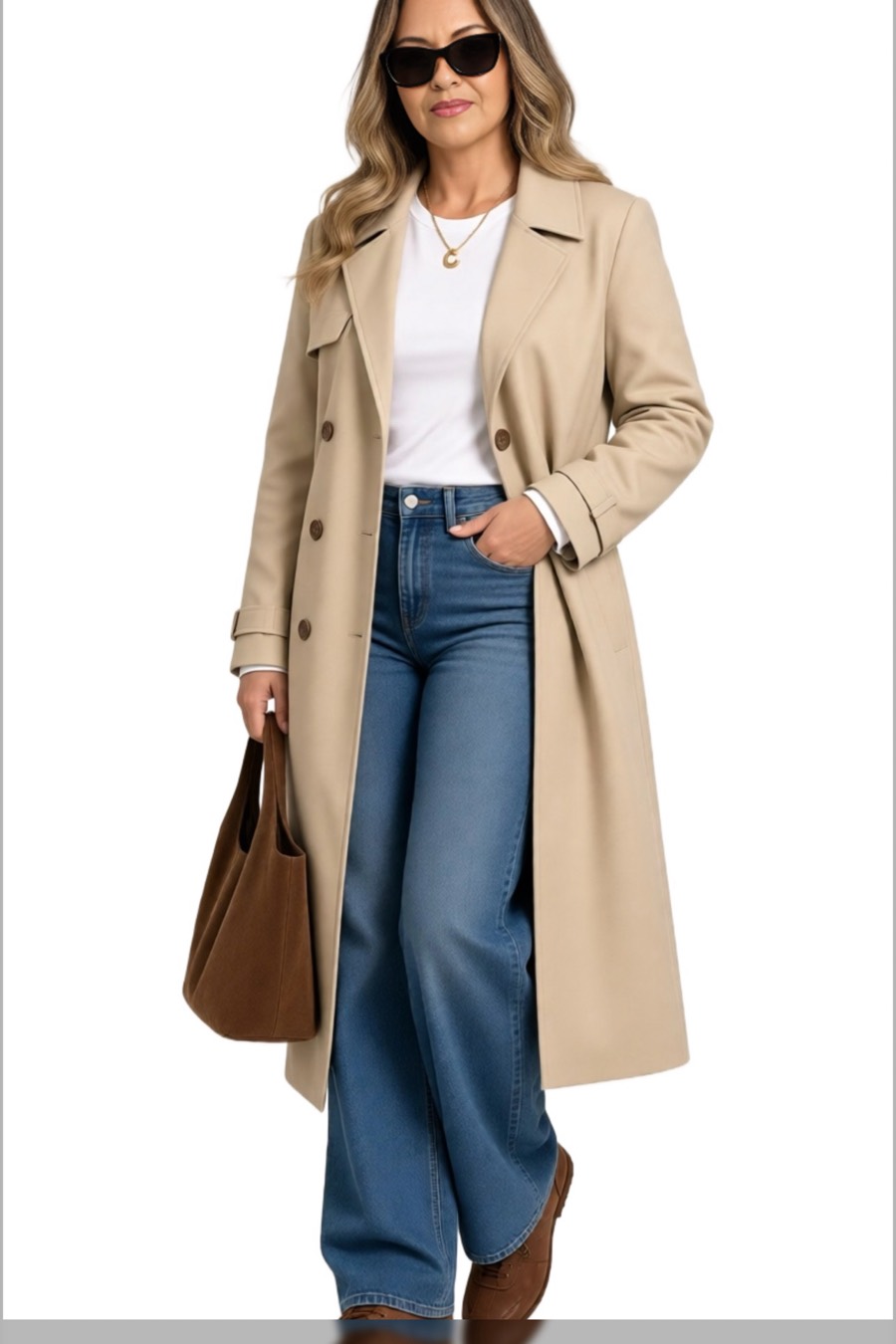 Look casual chic e sofisticado: trench coat bege, camiseta branca, jeans amplo, tênis e bolsa marrom. 🤎